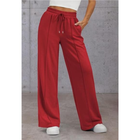 Womens Wide Leg Sweatpants High Waisted Red - Picture 3 of 6
